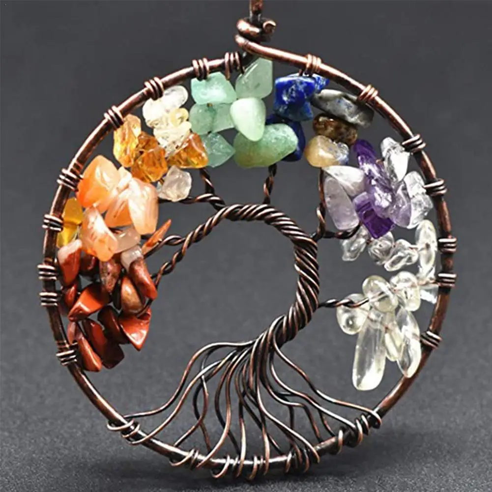 

Natural Crystal Stone 7 Chakra Round Tree of Life Pendant For Women Ring Holder Keychains Accessories Handmade Car Bags Key U1F8