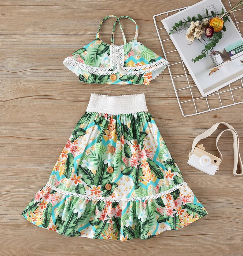 

Женская одежда для маленьких девочек, цветочный принт, кружевной жилет без рукавов с оборками + юбка в стиле бохо, детские летние комплекты