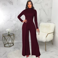 2022 new spring summer solid jumpsuit stand collar elegant long sleeve wide leg jumpsuits for women fashion office lady outfits