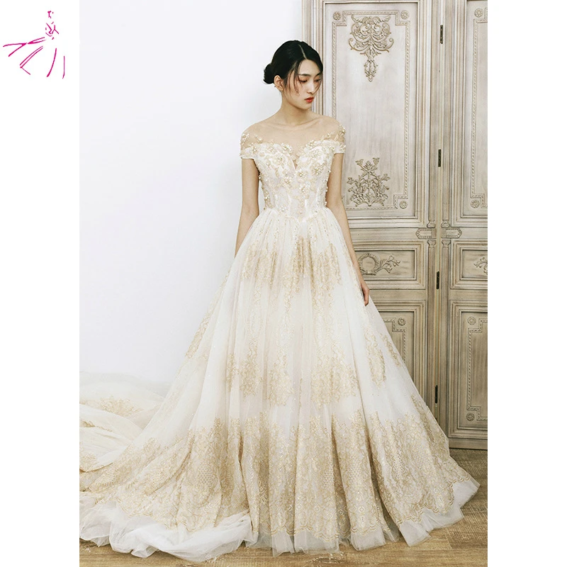 свадебное платье 2020 Customized Champagne Wedding Dress Appliques With Pearls Bridal Gown Cathedral Tail Vestidos de Novia |