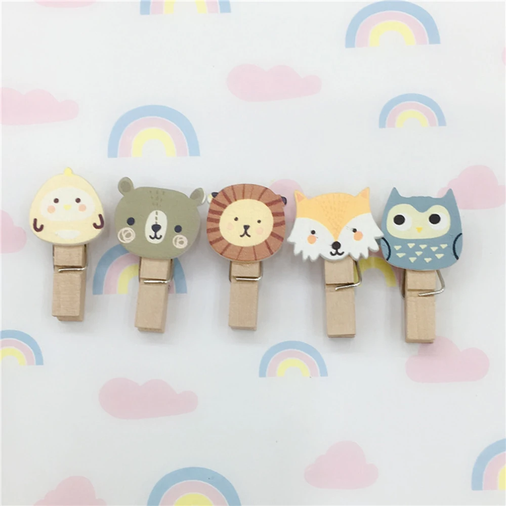 

10 Pcs/pack Kawaii Fox Lion Wooden Clip Photo Craft Diy Clips With Hemp Rope Clothespin Craft Decoration Clips Pegs