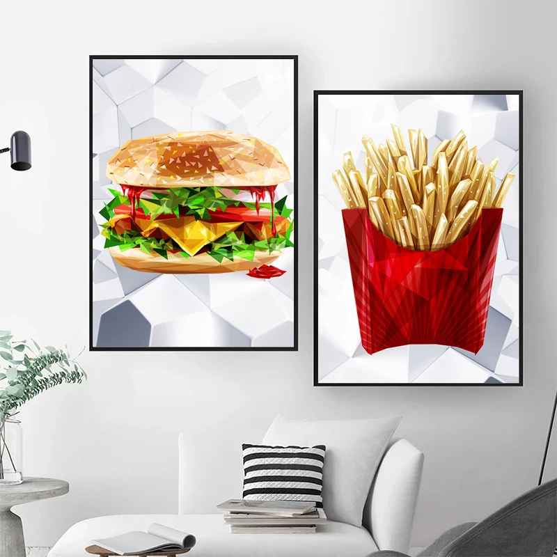 

Modern French Fries and Hamburger Poster and Prints Wall Art Canvas Painting Picture for Restaurant Kitchen Fast Food Shop Decor