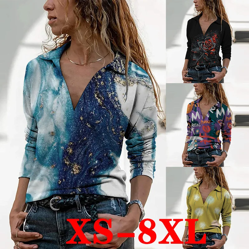 

2021 Fall Women's Abstract Graphic Printed T-shirt V-neck Long Sleeve Large Modern Casual Ladies Shirt Fashion Loose Ladies Tops