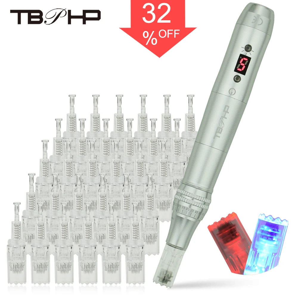 TBPHP P20 Derma Pen Microneedling with LCD Display and 2 Color LED Light Therapy, With 30 Pcs Microneedle Cartridges(Silver)