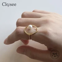 ckysee 925 sterling silver open adjustable rings for women irregular hollow circle pearl ring wedding jewelry