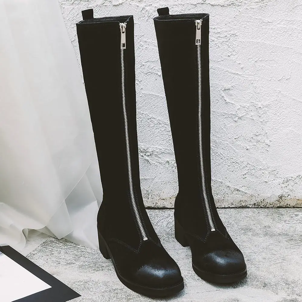 

High Top Casual Shoes Women Genuine Leather Chunky High Heels Thigh High Motorcycle Boots Female Round Toe Platform Pumps Shoes