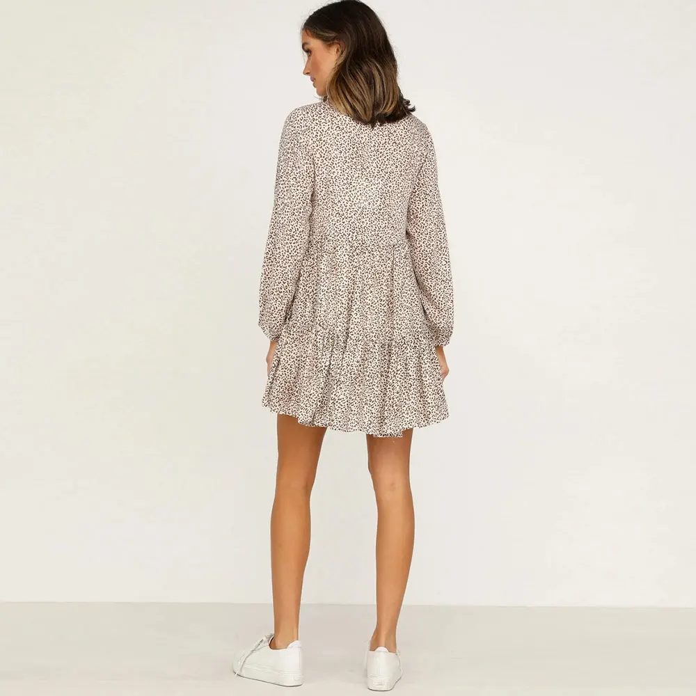

Spring Autumn Ladies V Neck Leopard Dresses Buttons Long Sleeve Mini Dress Women Ruffles Loose A Line Dress Vestidos