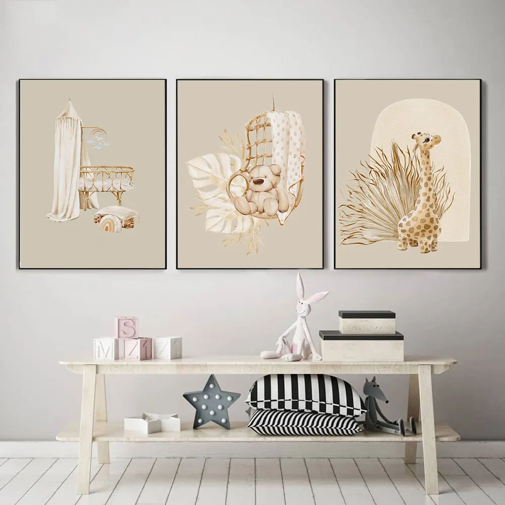 

Boho Neutral Nursery Poster Giraffe Art Print Earthy Tone Bear Canvas Painting Modern Wall Picture Kids Room Playroom Home Decor