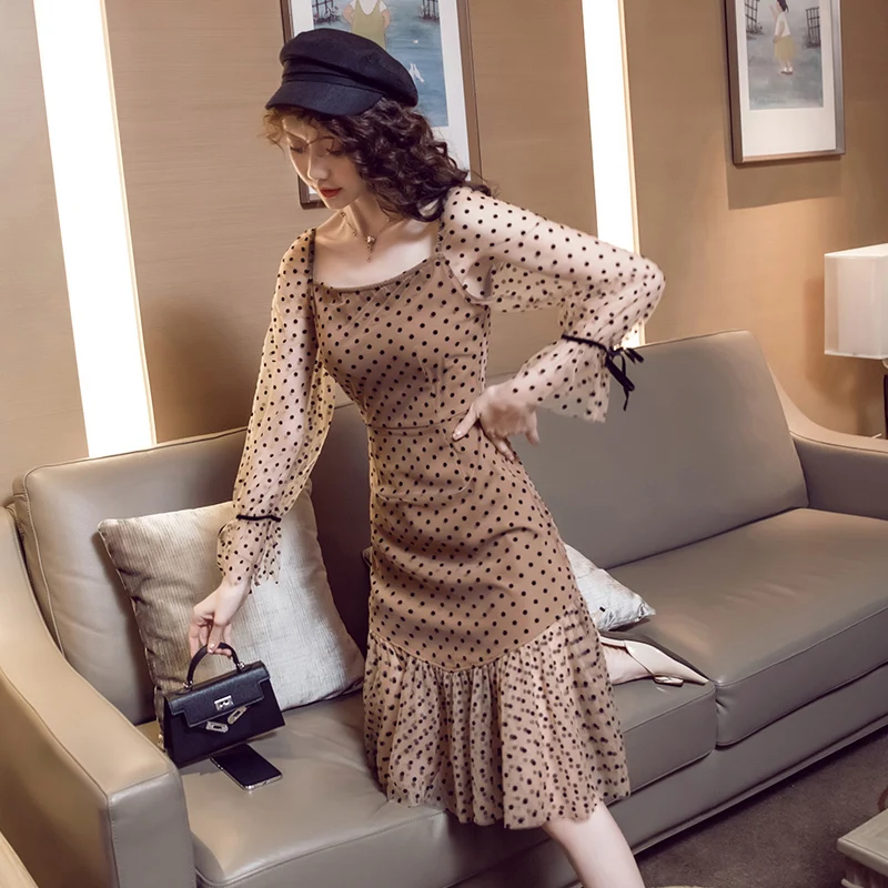 

Women Summer Slim Long Fashion Elegant Square Collar Dot Print Dress Female Designed Gauze Dresses Ladies New Vestidos ML191