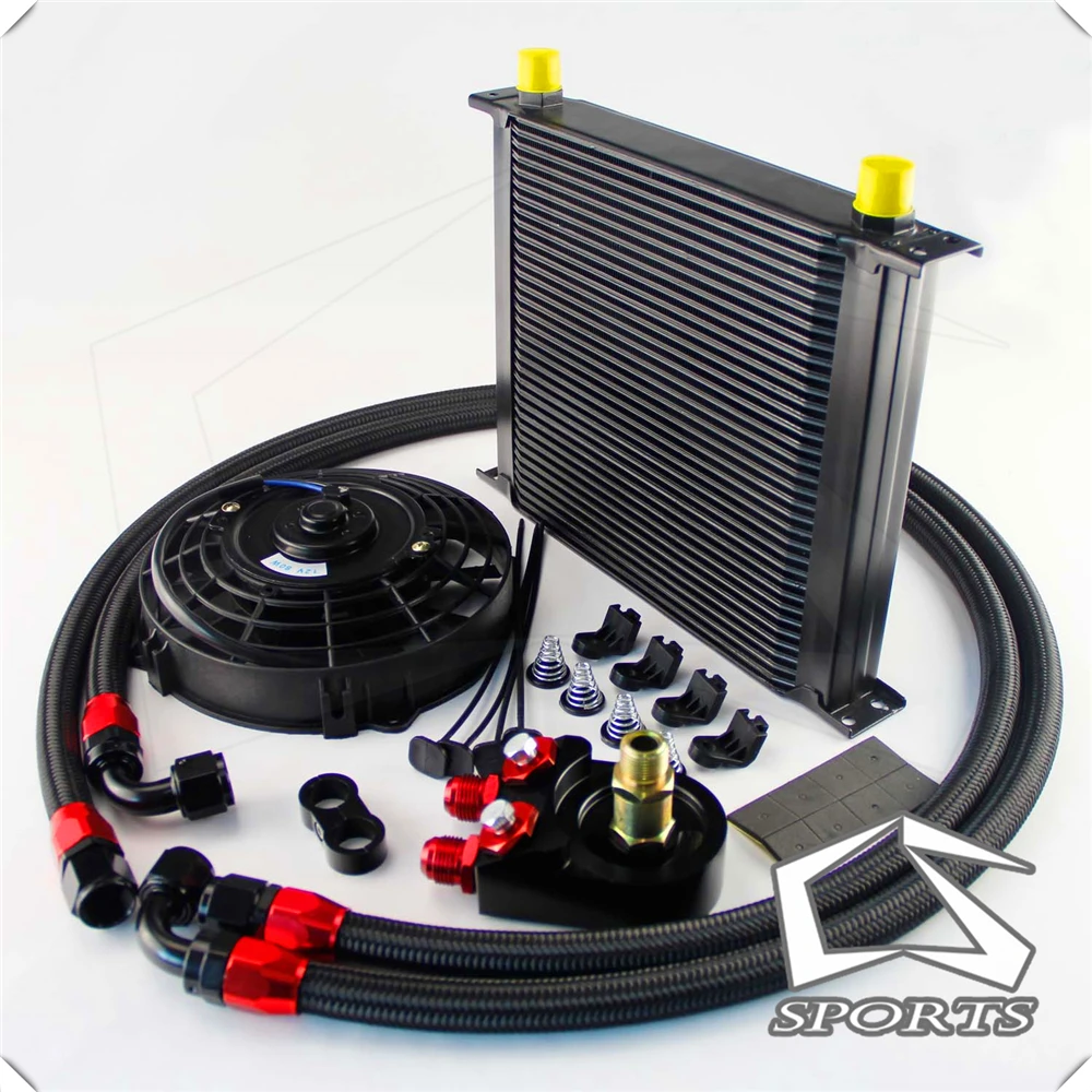 

Universal 34 Row engine Transmission 10AN Oil Cooler KIT+ 7" Electric Fan Kit Black