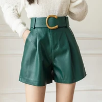 streetwear pu leather shorts women autumn winter loose high waist shorts with belt fashion short femme