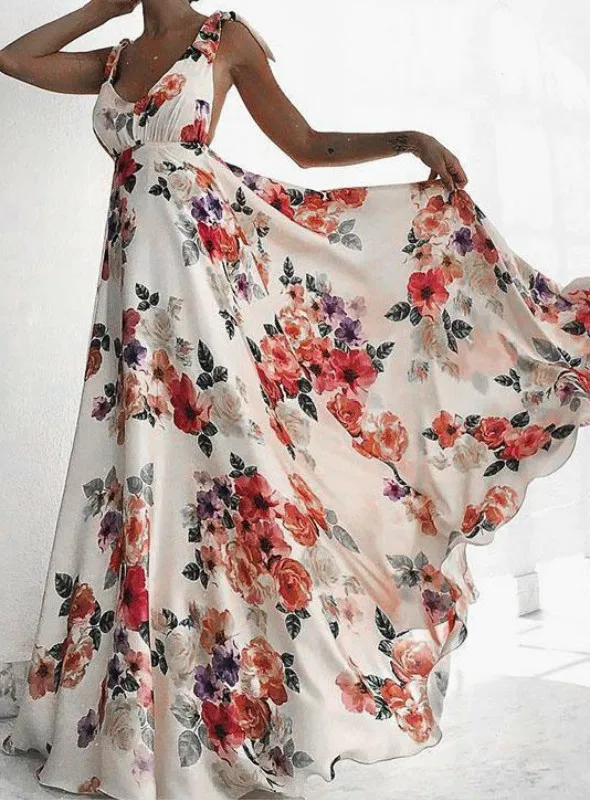 Платье-макси летнее Плиссированное с цветочным принтом и бантом | Женская одежда