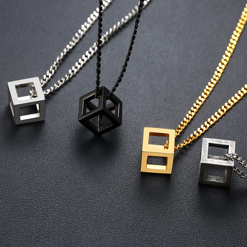 Men Rock Punk Cube Shaped Pendant Necklace 4 Colors Stainless Steel Casual Male Jewelry with 24&quot Curb Chain | Украшения и