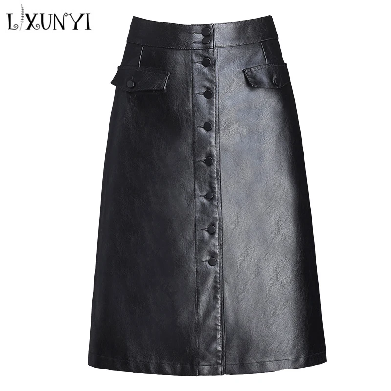 LXUNYI, M-4XL, женская кожаная юбка, черная, осенняя, размера плюс, высокая талия, ПУ, юбка, офисная, для девушек, трапециевидная, до середины икры, юбки, элегантные