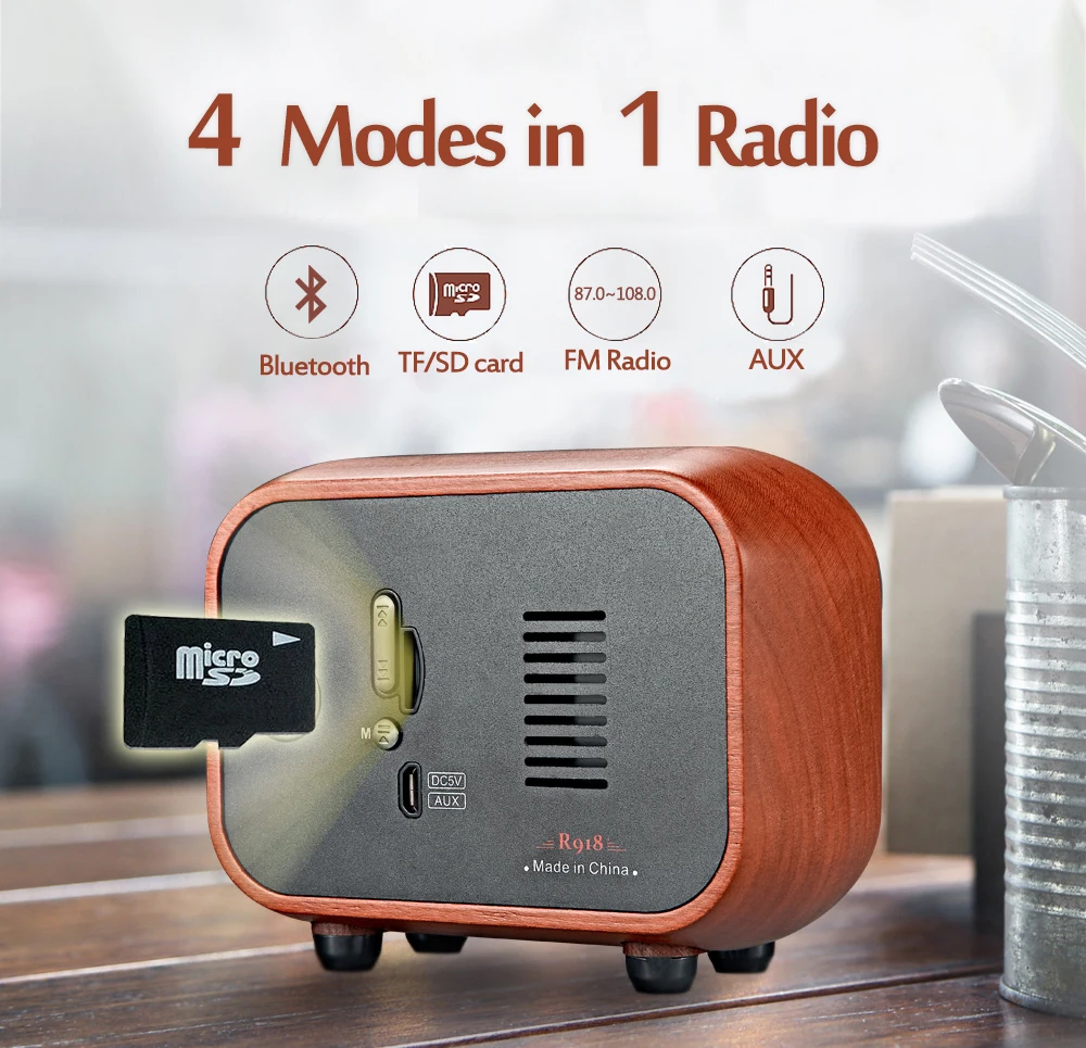 Ретро-динамик Bluetooth винтажный FM-радио с громкой громкостью деревянный