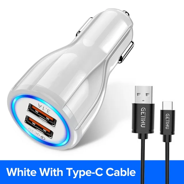 White with 1m USB C GETIHU 18 Вт 3.1A автомобильное зарядное устройство Quick Charge 3,0 Универсальный двойной USB быстрая зарядка QC для iPhone samsung Xiaomi Мобильный телефон в автомобиле - Тип штекера: White with 1m USB C