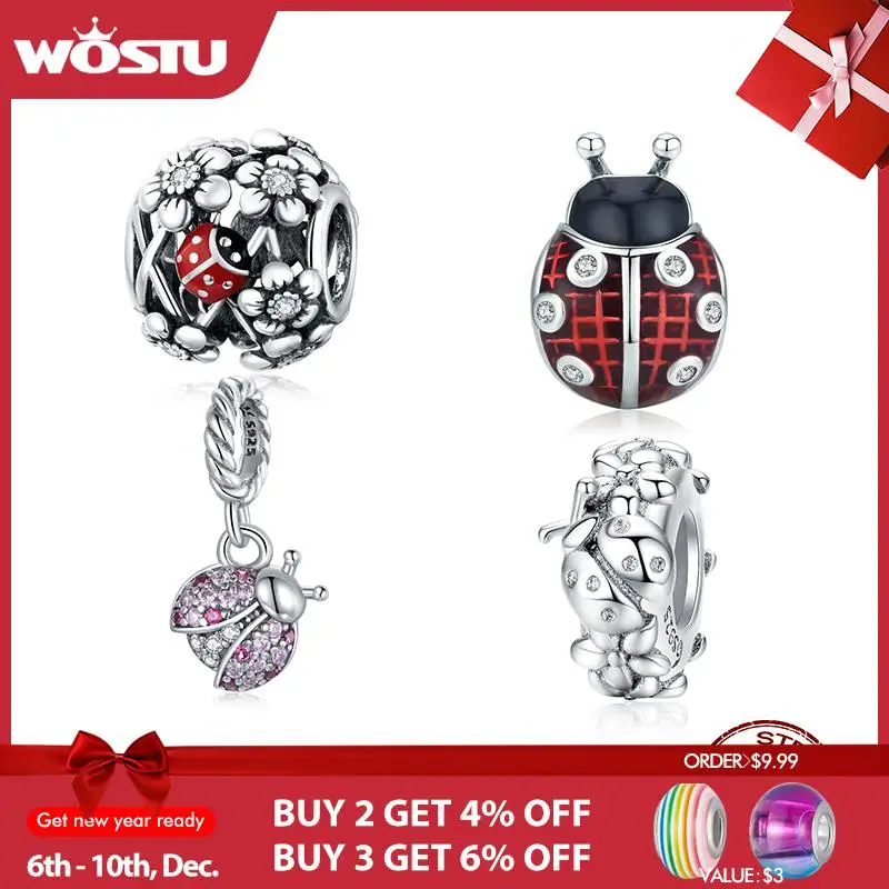

WOSTU Ladybug Charm 925 Sterling Silver Flower Round Bead Pendant Fit Original Bracelet Necklace DIY Jewelry Accessories CQC1641