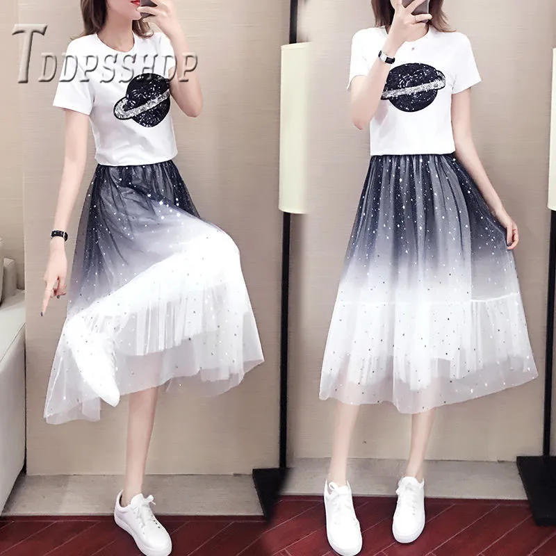 

2019 Sequin Planet T Shirt And Starry Sky Skirt Women Sets Autumn Female Sets