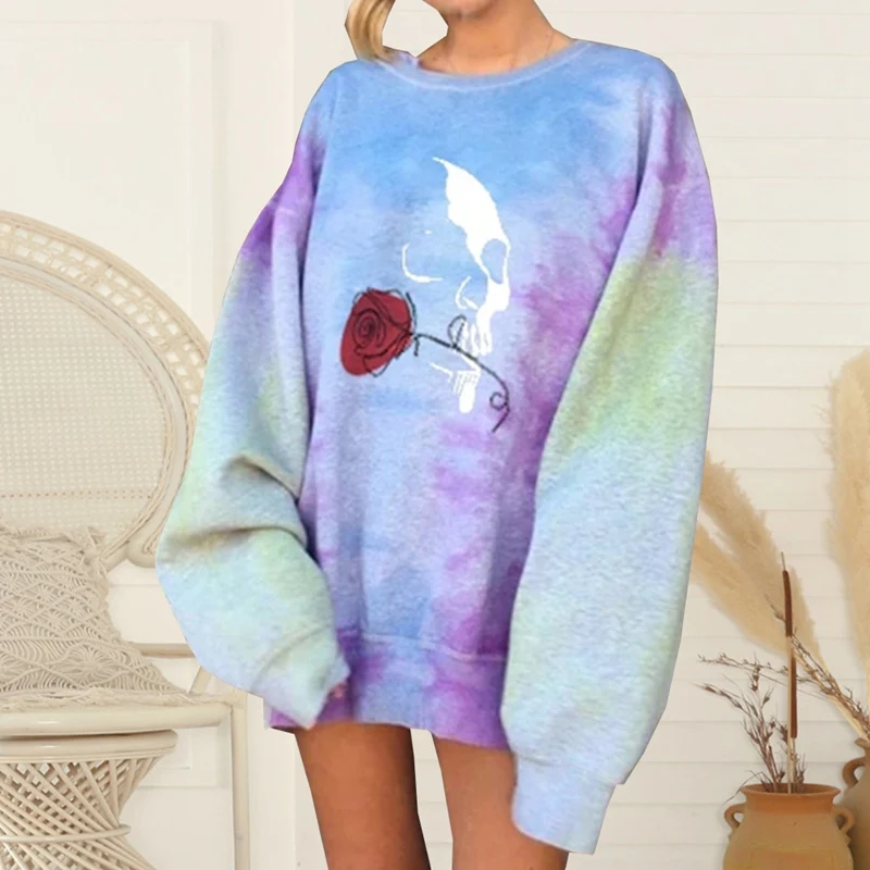 

Rose Flower Print Sweatshirt Dress Women Tie Dye Oversize Tops Fashion Long Sleeve Pullovers Tops Streetwear Hoodies Autumn Fall