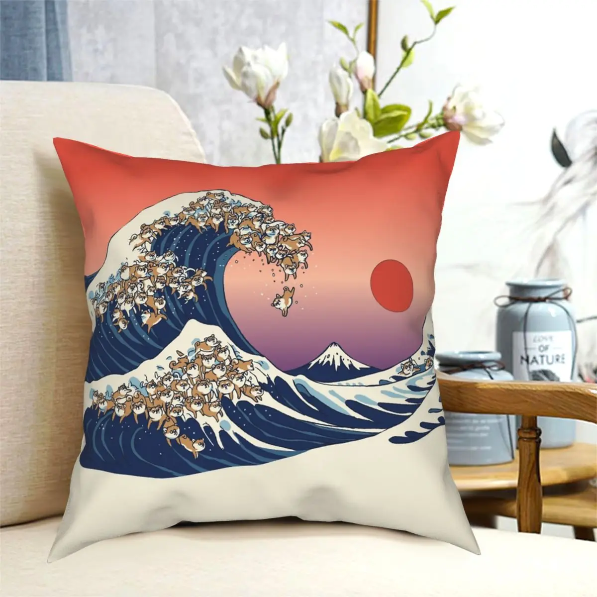 

The Great Wave Of Shiba Inu Square Pillowcase Polyester Pattern Zipper Decor Throw Pillow Case Sofa Cushion Cover