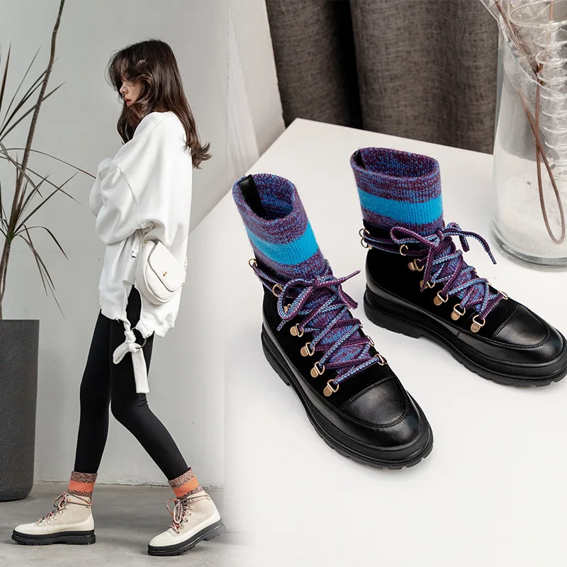 Harga Multi Warna Fashion Musim Dingin Wol Sepatu Mewah Tampan Inggris Kulit Sol Karet Elastis All-Match Velvet Pendek Kaus Kaki Sepatu Bot Wanita