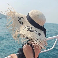 new style ladies oversized hat 18cm big brim sun hat embroidery letters wide brim beach hat women travel soft grass panama cap