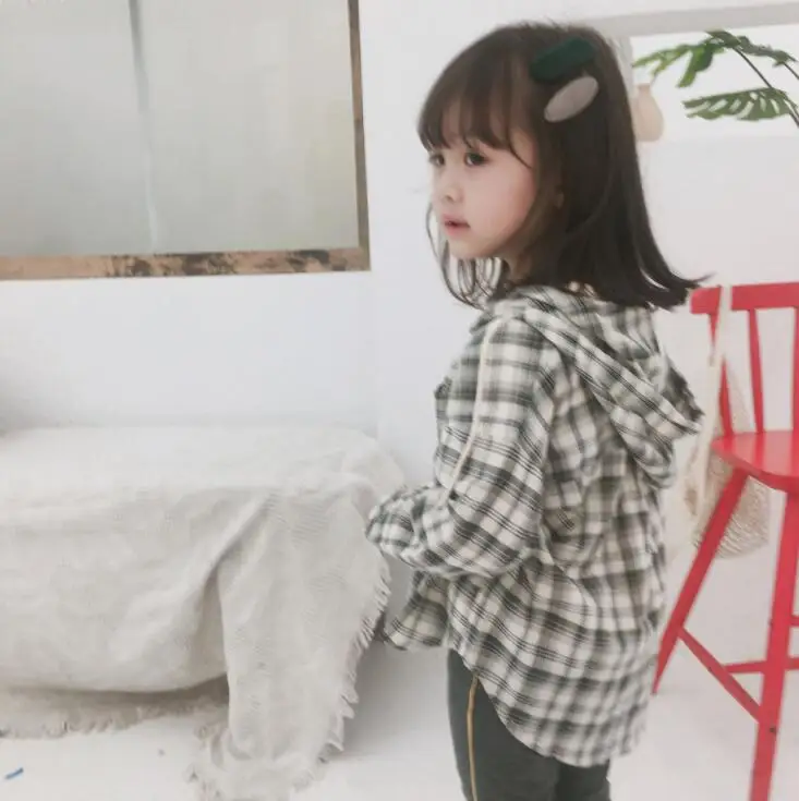 New Girls Boys Plaid Shirt Cotton Full Sleeve Autumn Fashion Kids Hooded Top 2-7t PZ586
