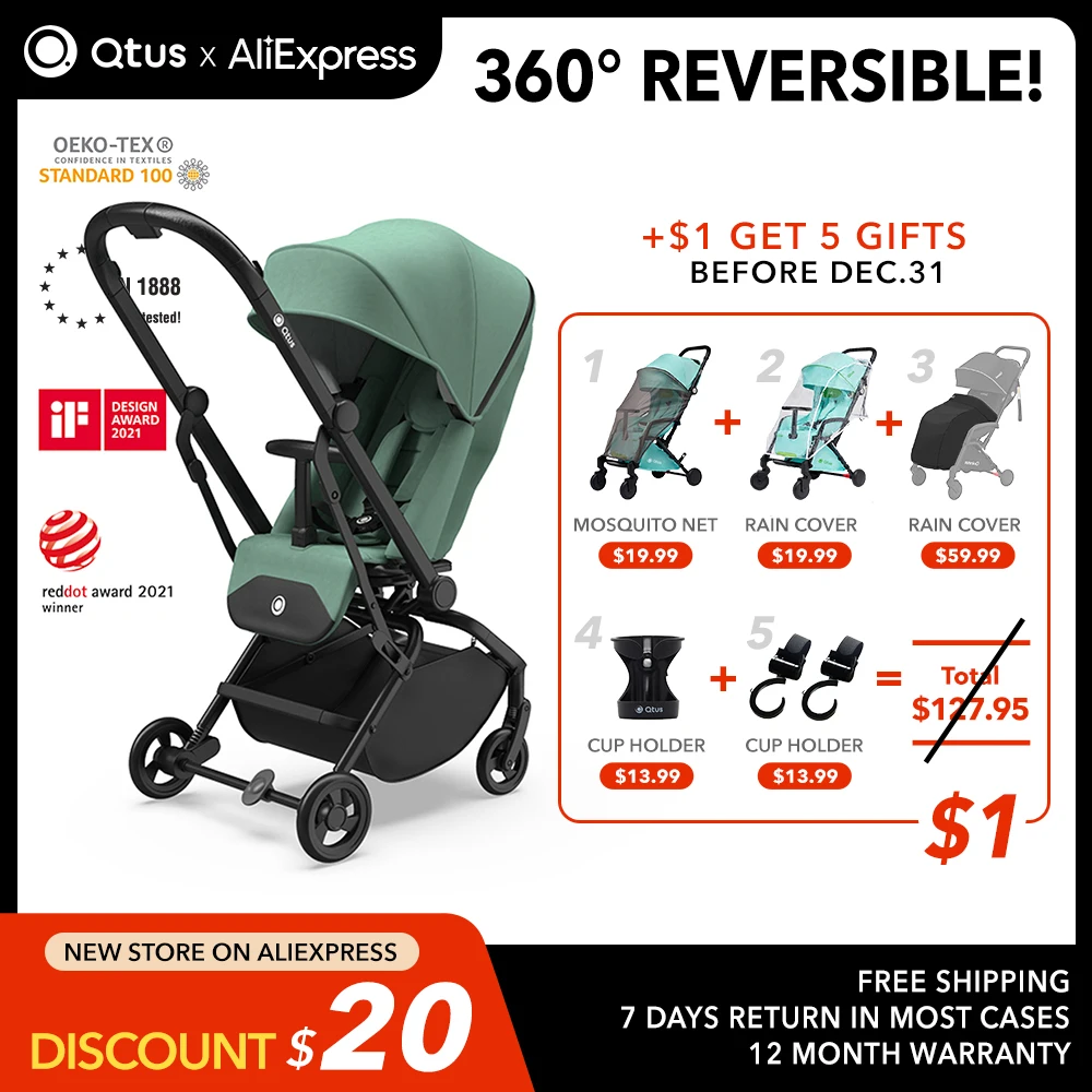 QTUS Lark Pro Compact Stroller, High Landscape, 360 Rotation Reversible, Grows with Baby, New Born to 4 Years, EN1888 Approved