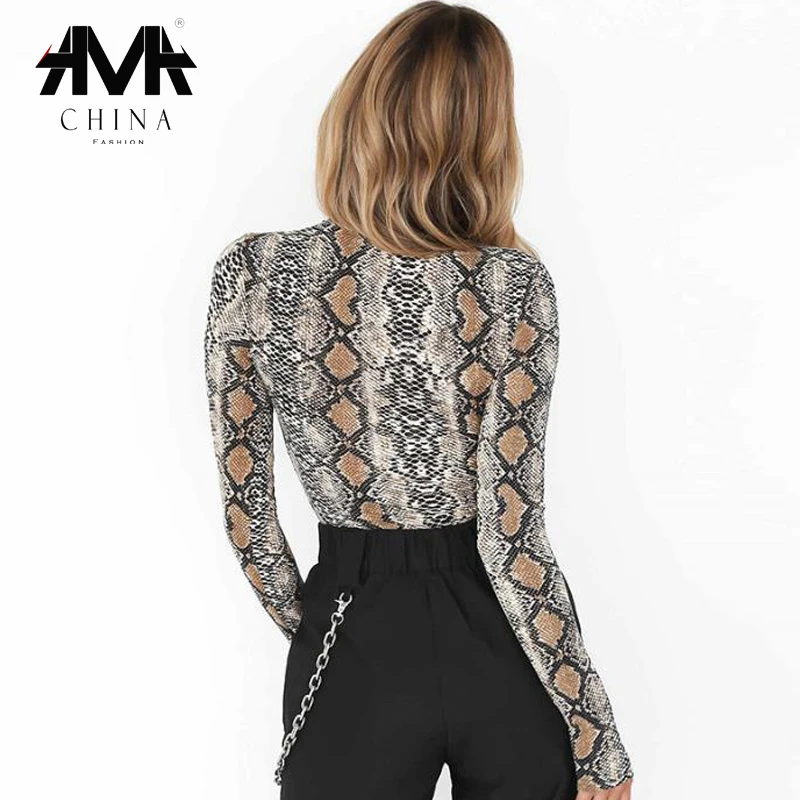 Модная облегающая футболка с принтом змеиной кожи длинным рукавом Весенняя со