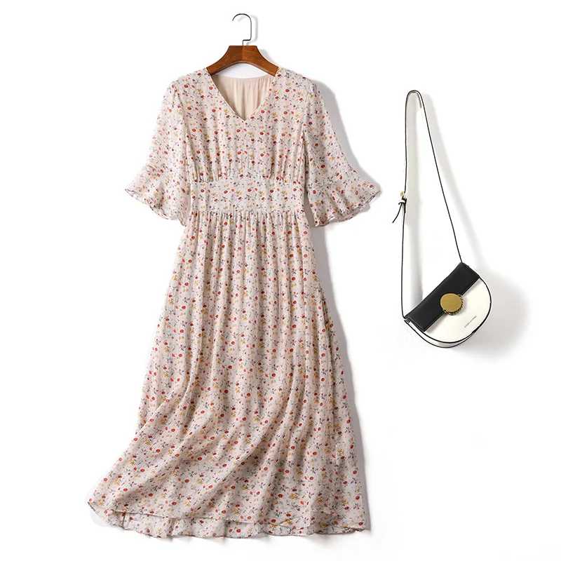 

Женское шелковое платье с цветочным принтом, новое платье из 100% натурального шелка крепдешина с коротким рукавом