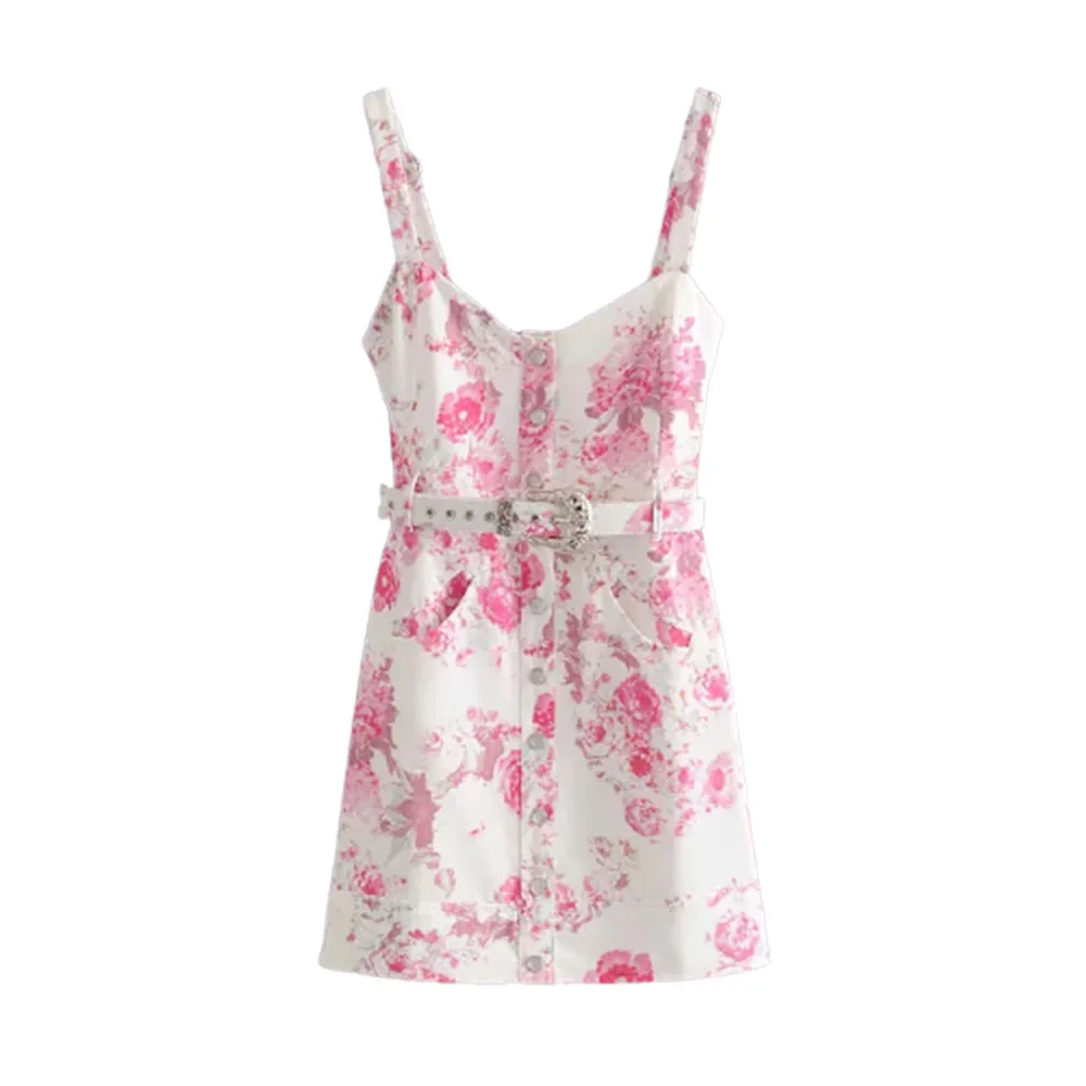 Женское платье мини на бретельках винтажное шикарное розовое пуговицах с