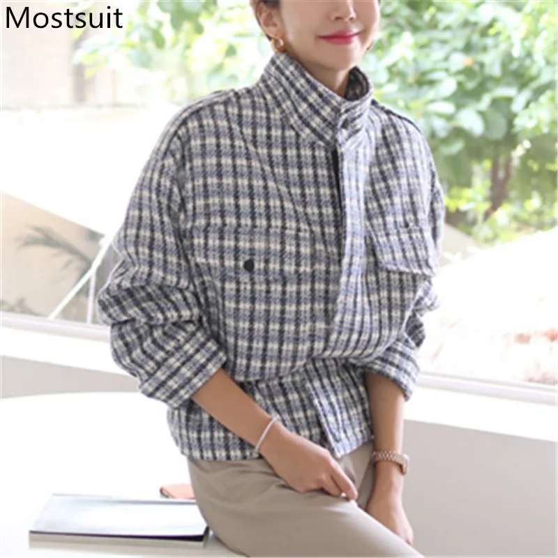 

Korean Vintage Tweed Women Jacket 2020 Winter Long Sleeve Turn-down Collar Zip-up Casual Fashion Ladies Short Coats Mujer