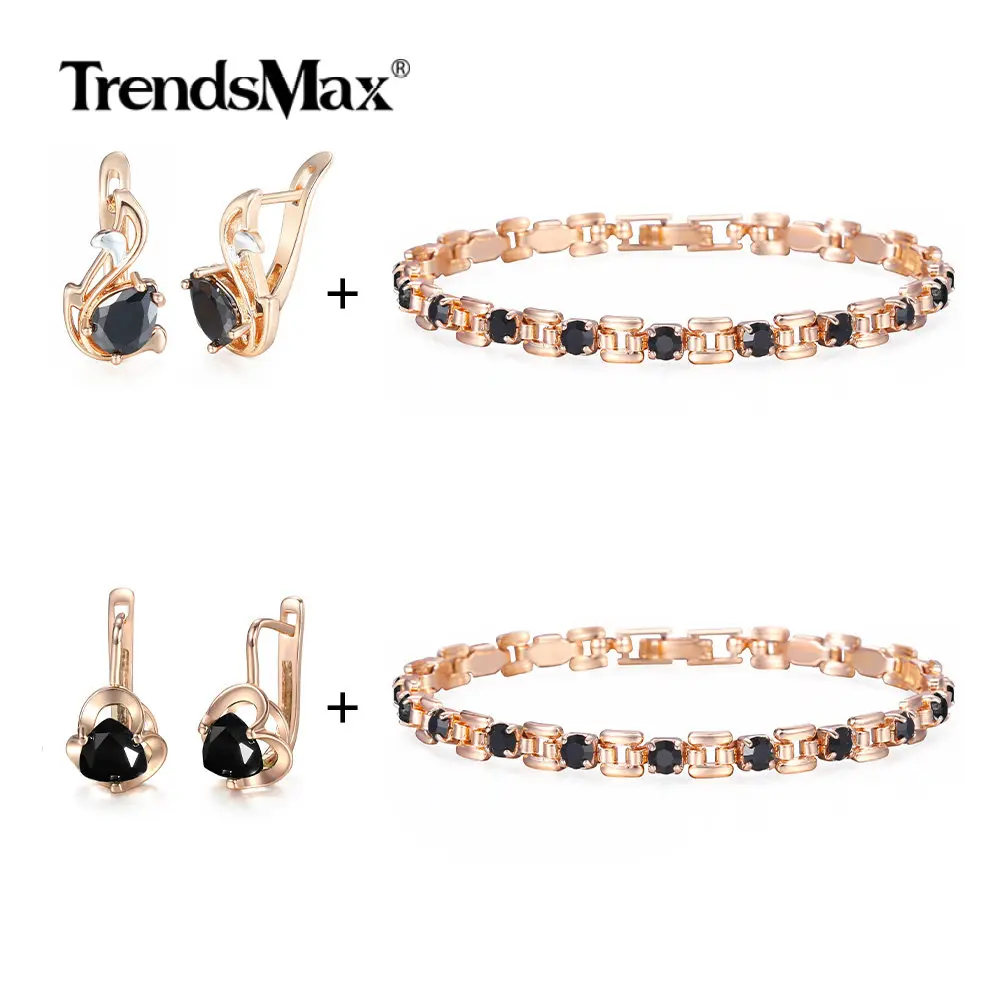 Женские серьги для девочек Набор браслетов черный кубический циркон кристалл 585