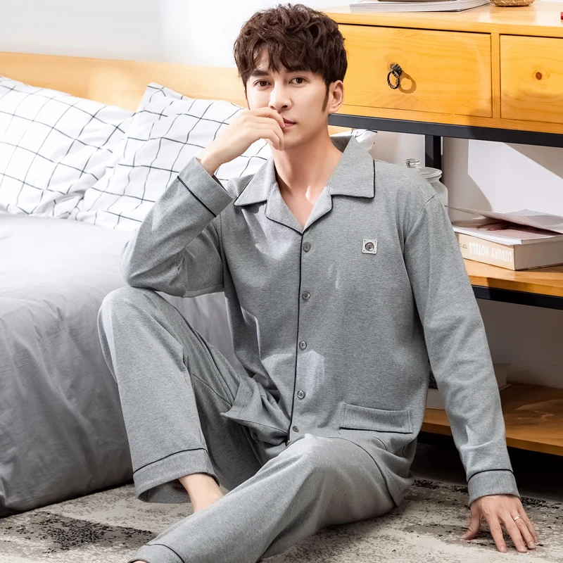 Casual Loose Sleepwear Thin Summer Long Sleeve Bedroom Cotton Comfy Set Plus Size Sleepwear Szata Zestawy Men's Sleep DB60SY
