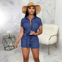 2021 summer casual fashion slim denim jumpsuits women solid sashes buttons pockets short sleeves rompers one piece outfit skinny
