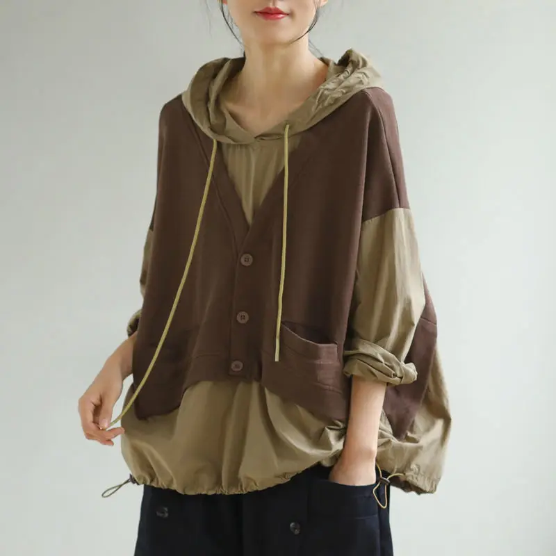 

Fake 2 Pieces Patchwork Women Sweatshirts Autumn Winter 2021 Hooded Loose Casual All Match Vintage Female Outwear Coats Tops