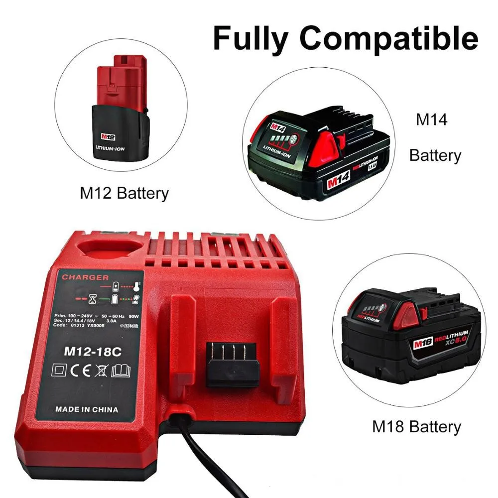 

Li-ion Battery Charger EU/US/UK/AU 110V-240V 7.28x5.91x3.35in For Milwaukee M12-18C Battery & MILwaukee M18 Li-ion 18V Battery