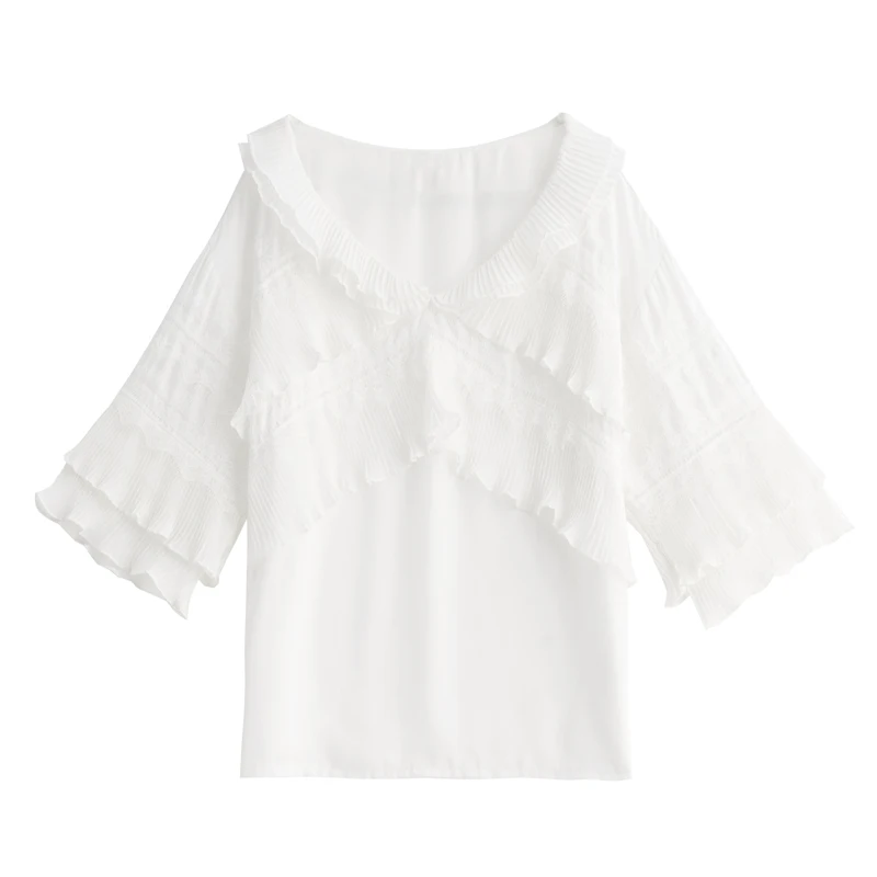

Summer V Neck Lace Pathwork Ruffle Flared Short Sleeve White Chiffon Blouses for Women M L XL XXL