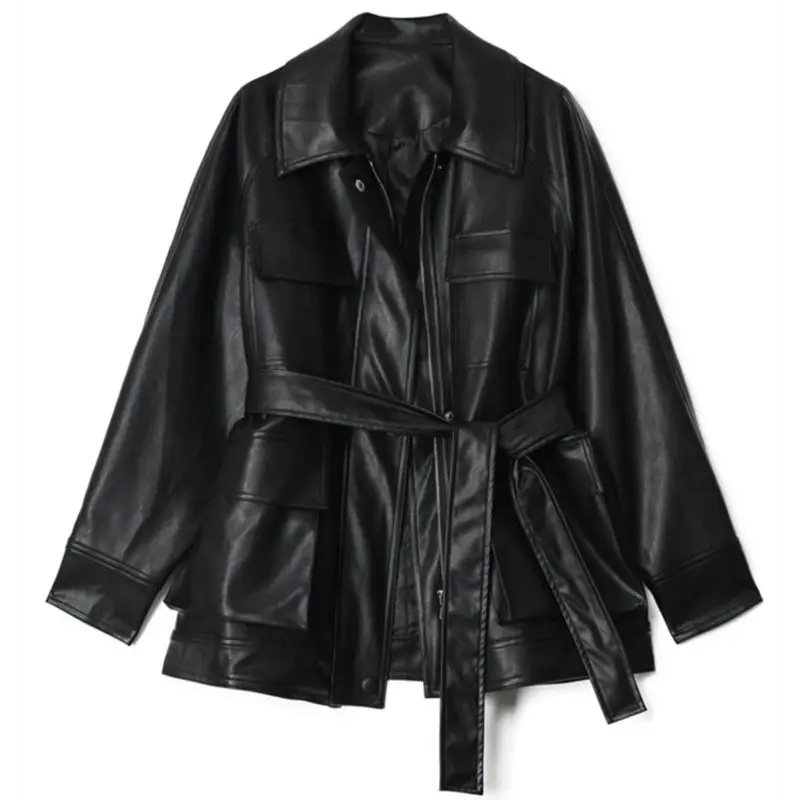 

2020 Women's Pu Leather Jacket Big Pocket Chic Loose Design MotoBike BF Vintage Retro Streetwear Coat For Spring Autumn