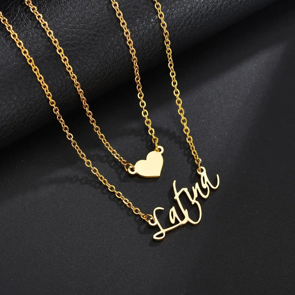 

Atoztide Customized Fashion Stainless Steel Name Necklace Personalized Letter Gold Double Layer Heart Necklace Pendant Name Gift
