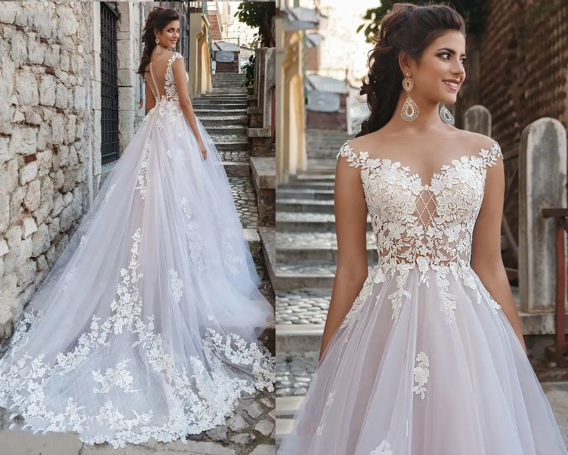 

11669#Illusion O-Neck Cap Sleeve Lace Applique A-Line Boho Tulle Puffy Sweep Train Wedding Dress Wedding Gown Bridal Gown
