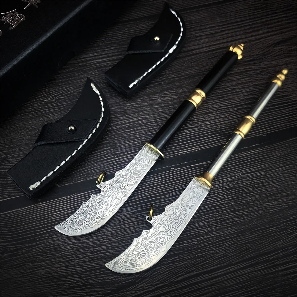 Damascus Steel Blade GUAN GONG MINI Fixed Knife Collection Gift Small Rescue Multi-fuctional Tool Knives Cowhide Sheath