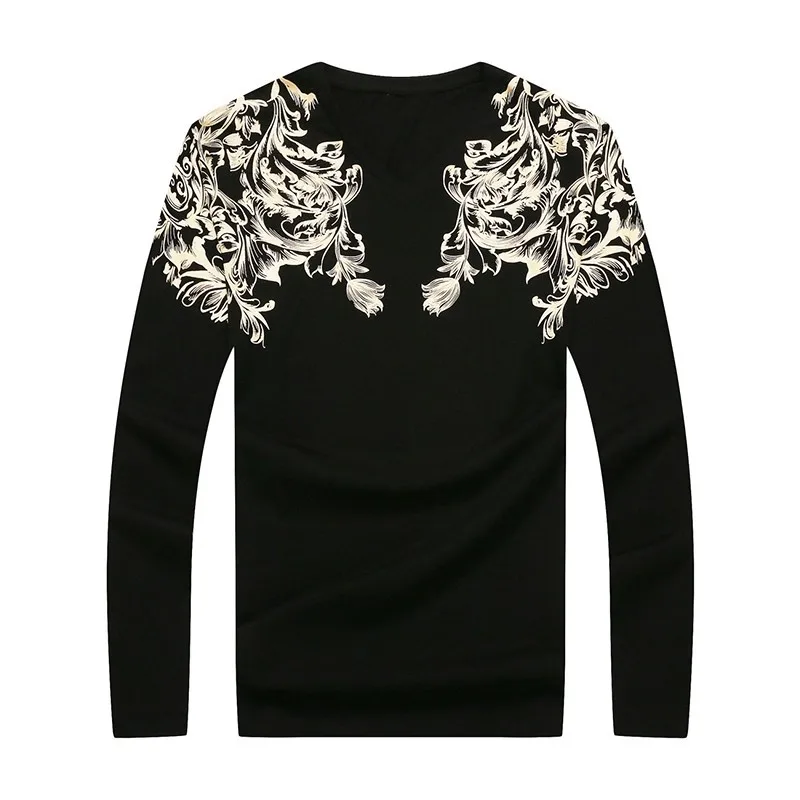 Cotton Big Size 7XL Casual T-shirts Men Long Sleeve Printed Flower Design Loose Fit V-neck T-Shirt Mens Tops Streetwear Clothing | Мужская