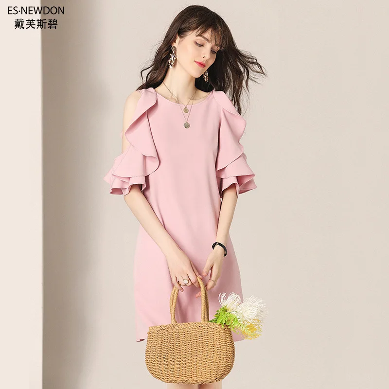 

Esnewdon Women's Solid Back Cross Off Shoulder Ruffle Sleeve Slim Casual Straight Flounced Edge Flying Sleeve Dresses for Women