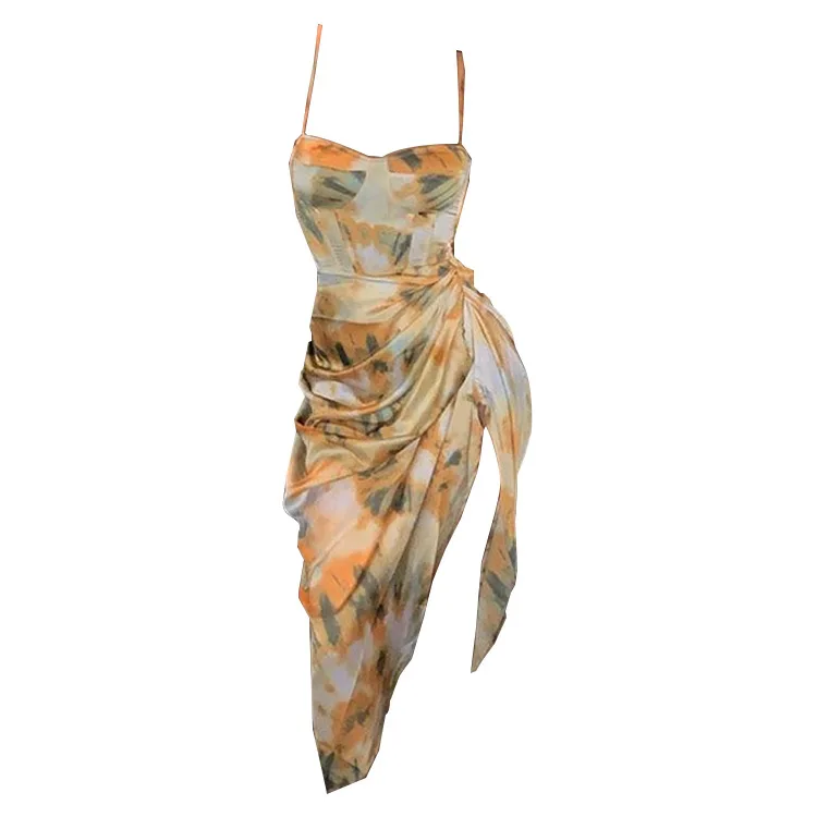 

Fashion sexy women's floral print dress abstract one-shoulder sleeveless spring and summer 2021 elegant split robe dress