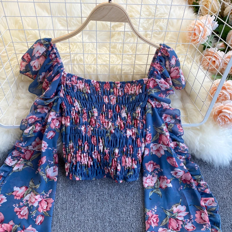 

Women Chiffon Ruched Blouse Spring Square Collar Ruffle Puff Sleeve Elastic Tops Korean Floral Print Short Blouses Clothing