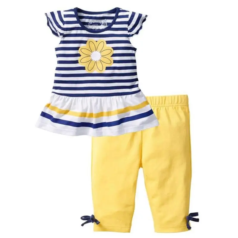 

Children's Clothes sets Short Sleeve Striped ruffle swing T-shirt and bow Pants 2-piece Summer Casual Wear Girl clothing