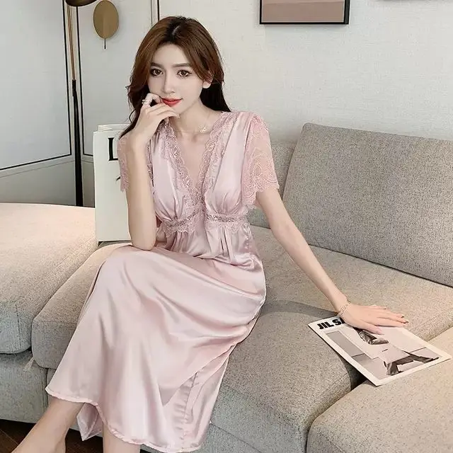 

2021 New Women Sexy Nightgown Lace Patchwork Sleep Dress Satin Sleepwear Intimate Lingerie Long Home Dressing Gown With Pads