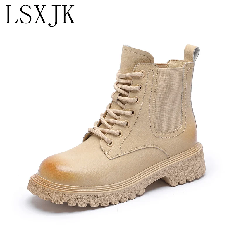 

Ботинки-мартинсы LSXJK в британском стиле женские кожаные повседневные короткие ботинки на толстой подошве женские Универсальные ботинки с круглым носком