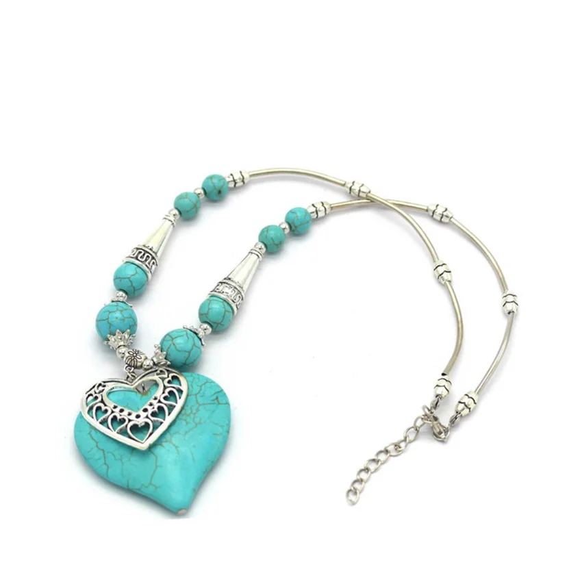 Романтичный стиль Посеребренная Любовь Сердце зеленая бирюза камень кулон звено